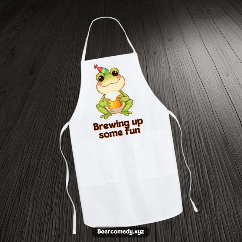 Funny frog wearing a party hat, holding a frothy mug, ready to cook and entertain, on a practical and humorous apron.