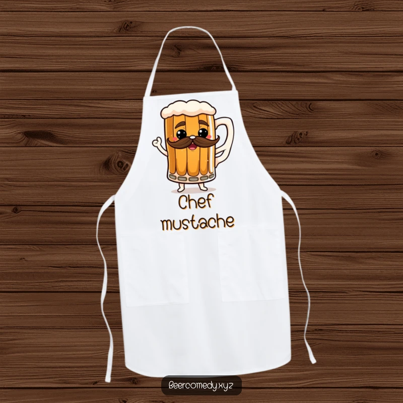 Funny stout mug apron with a frothy mustache, depicted dancing, perfect for cooking and baking.