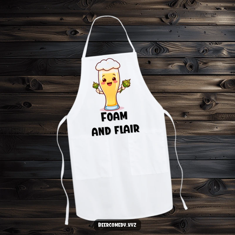 Funny ale glass apron featuring a smiling foamy head holding a hops cone, perfect for cooking and baking.