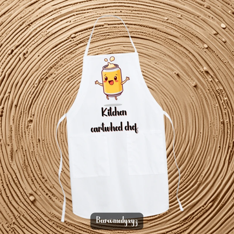 Funny playful beer can with a popping lid doing a cartwheel, on a chef's apron, ready for kitchen fun and energetic spills.