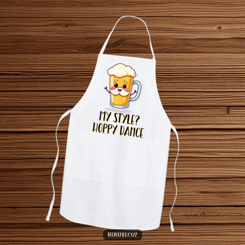 Funny beer mug doing a jig with a smiling foam mustache, featured on a chef's apron, ready for kitchen antics and laughter.