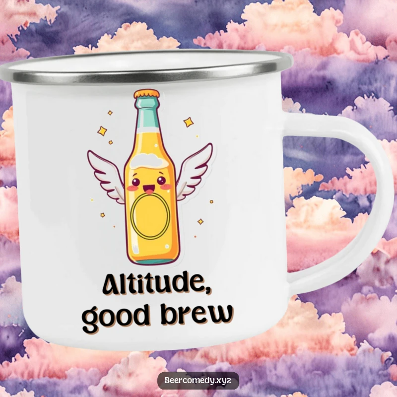 Funny beer bottle with tiny flying wings soaring through the air, on a sturdy camping mug, ready for outdoor explorations and spirited drinks.