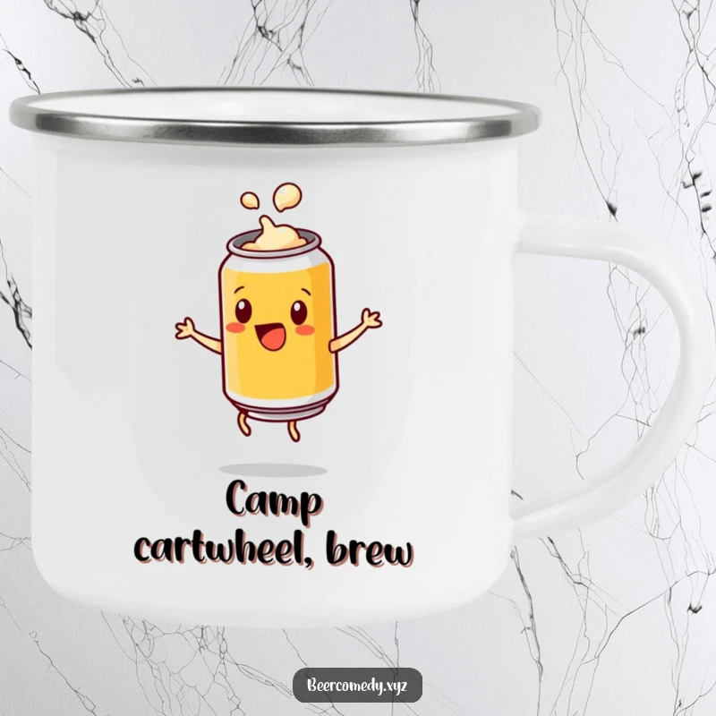 Funny playful beer can with a popping lid doing a cartwheel, on a sturdy camping mug, ready for outdoor fun and spirited sips.