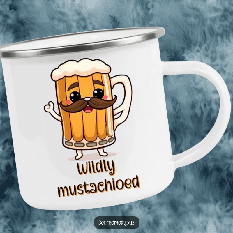 Funny stout mug camping mug with a frothy mustache, dancing playfully, perfect for outdoor use.