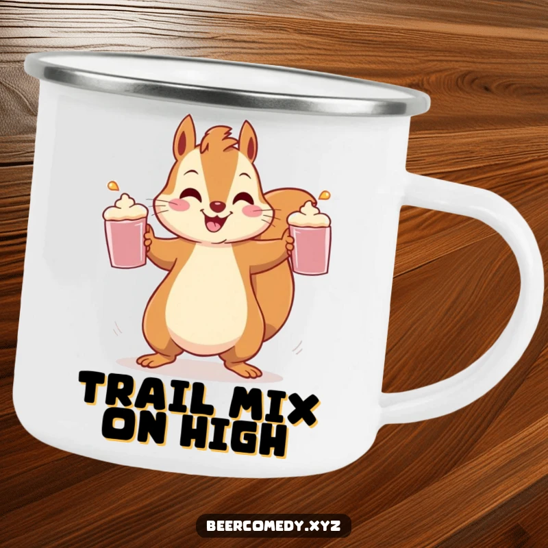 Durable camping mug featuring a cheerful squirrel energetically juggling three frothy mugs, ready for outdoor fun.