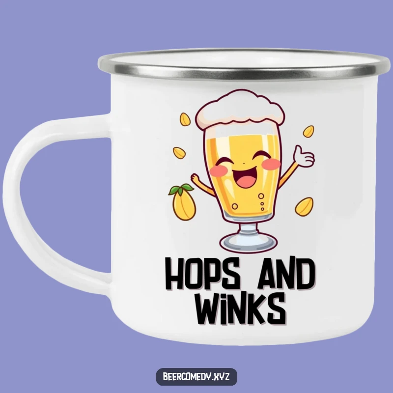 Funny Beer Glass Wink Camping Mug: Joyful Hop Catching Outdoors, Perfect Gift!