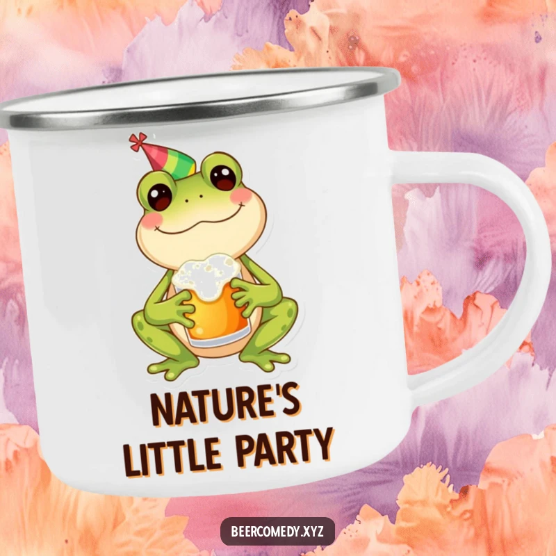 Funny frog in a party hat holding a frothy mug, designed for outdoor adventures on a durable camping mug.