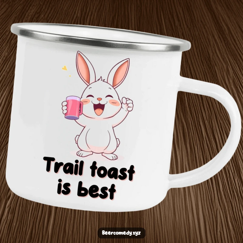Durable camping mug featuring a joyful rabbit raising a mug in a toast, ready for outdoor celebrations.
