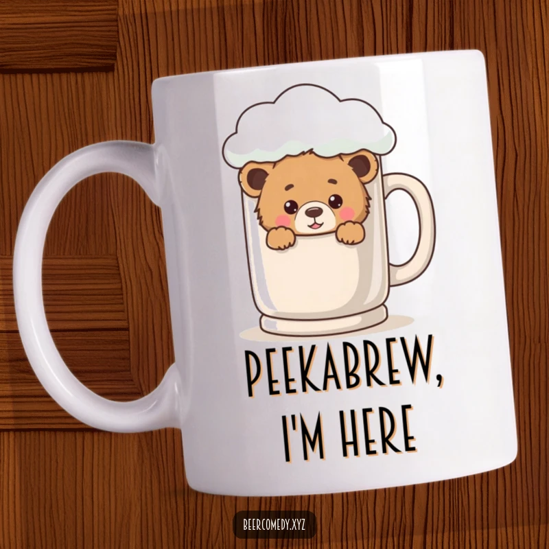 A playful bear cub peeking out from behind a giant, foamy mug, looking curious and cute on this mug.