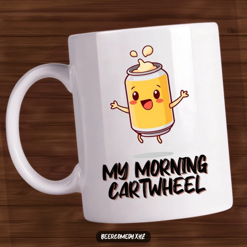 Funny playful beer can with a popping lid doing a cartwheel, depicted on a mug, radiating excitement and energetic, celebratory vibes.