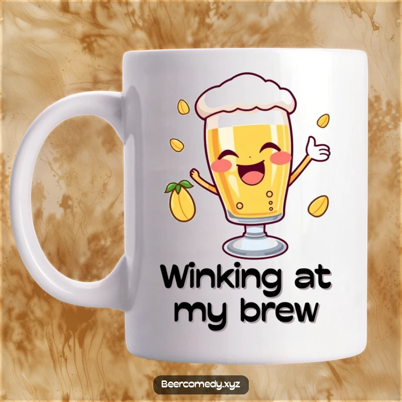 Funny delighted beer glass with a joyful wink catching a falling hop, depicted on a mug, radiating happiness and the simple joy of a perfect brew.