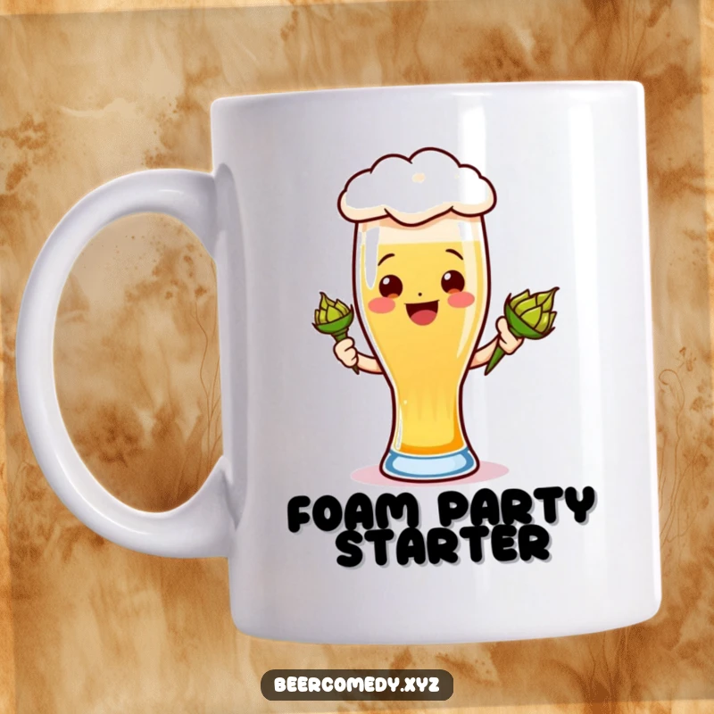 Funny ale glass mug with a smiling foamy head happily holding a tiny hops cone, celebrating beer and joy.