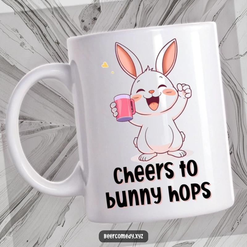 A delighted rabbit joyfully raising a mug in a celebratory toast, looking happy and festive on this mug.