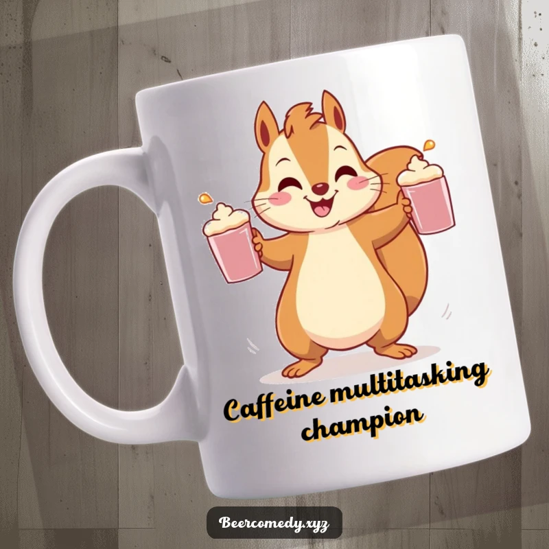 Funny, cheerful squirrel expertly juggling three small frothy mugs, looking busy and happy on this delightful mug.