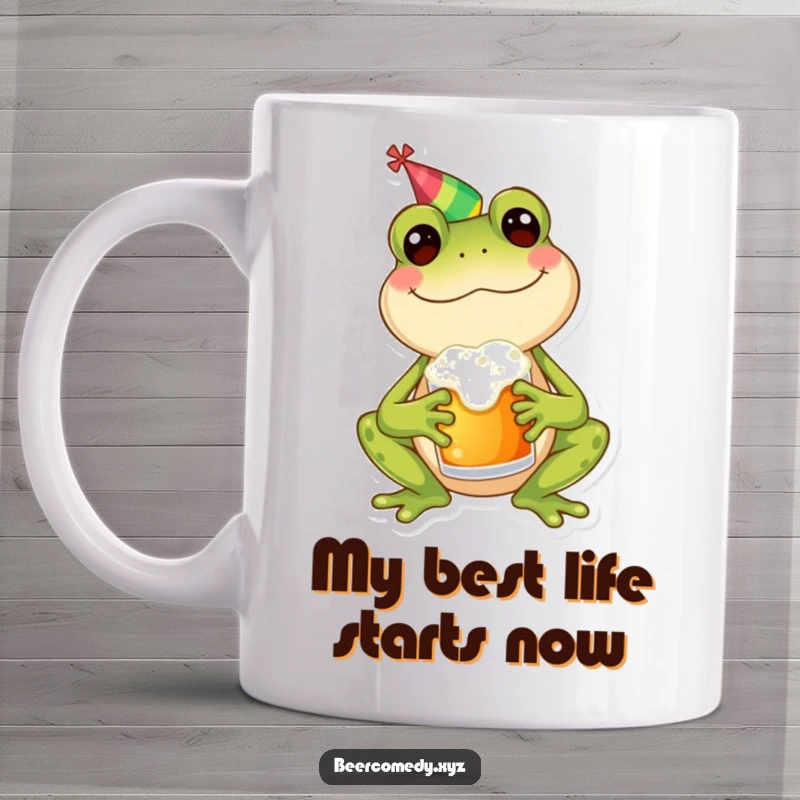 Funny frog wearing a party hat, holding a frothy mug, looking cheerful and ready to celebrate with friends.