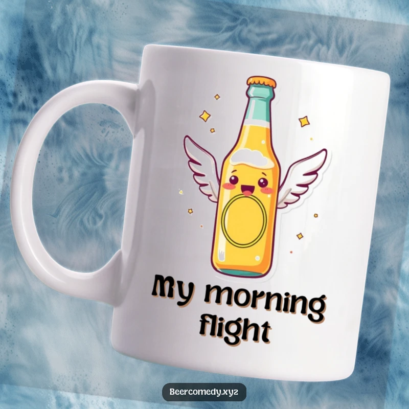 Funny beer bottle with tiny flying wings soaring through the air, depicted on a mug, symbolizing freedom and cheerful libations.