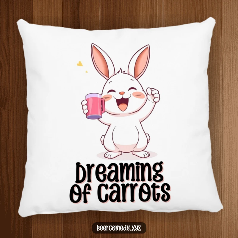A soft, plush pillow featuring a joyful rabbit raising a mug in a celebratory toast.