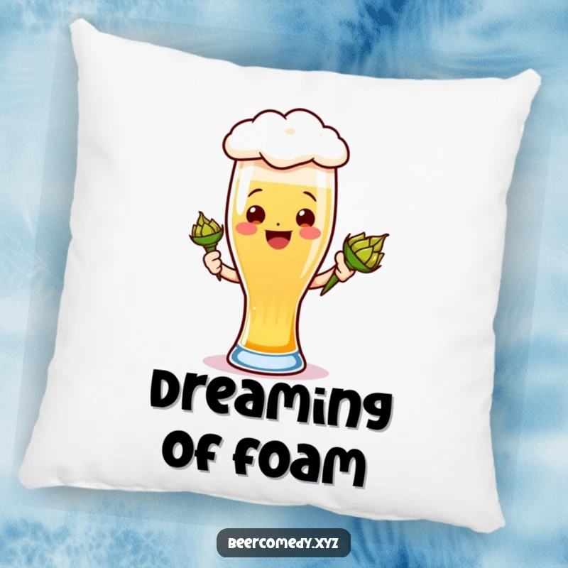 Funny ale glass pillow with a smiling foamy head holding a hops cone, soft and decorative.