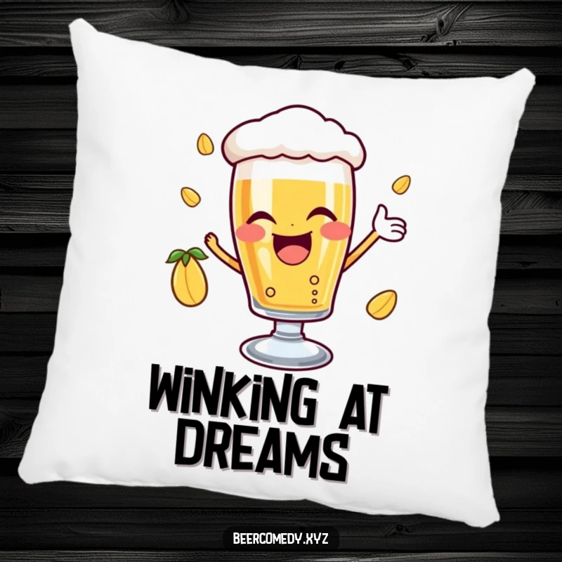 Funny delighted beer glass with a joyful wink catching a falling hop, on a soft pillow, offering comfort and a cheerful, optimistic presence.