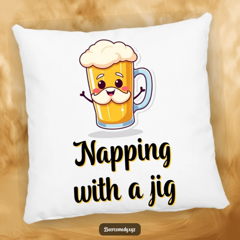 Funny beer mug doing a jig with a smiling foam mustache, depicted on a soft pillow, offering comfort and a humorous visual.
