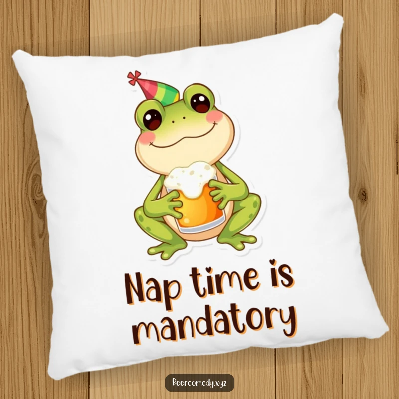 Funny frog wearing a party hat, holding a frothy mug, printed on a soft, squishy pillow for ultimate comfort and humor.