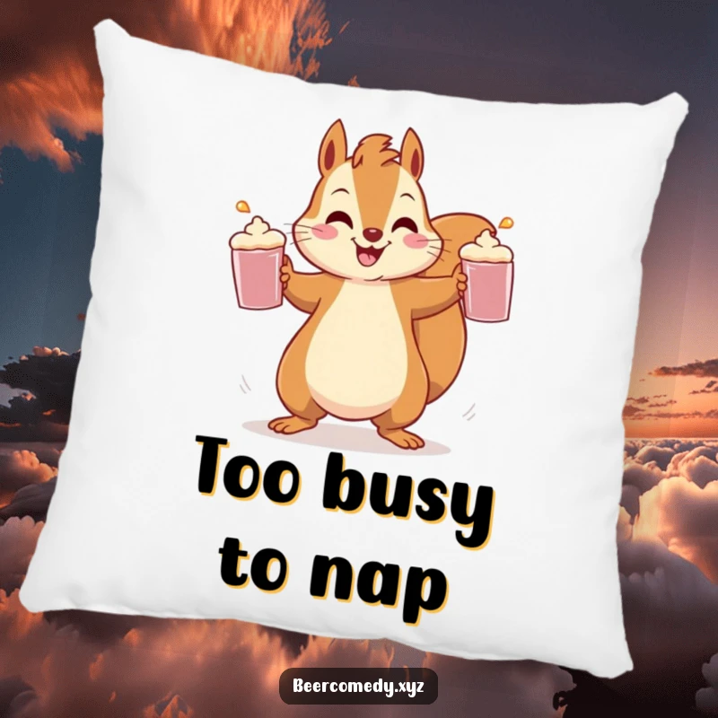 A soft, squishy pillow featuring a cheerful squirrel artistically juggling three frothy mugs.