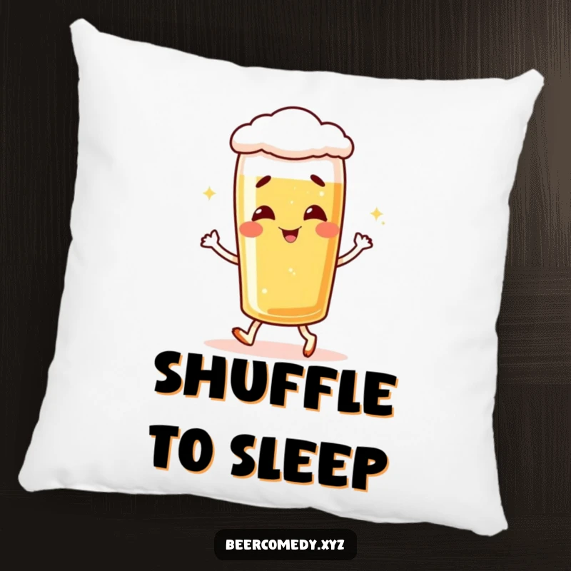 Funny giggling lager glass pillow, illustrating a playful shuffle and radiating happiness.