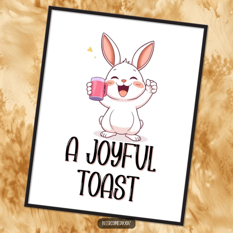 A delighted rabbit raising a mug in a toast, full of joy, as a festive digital art print.