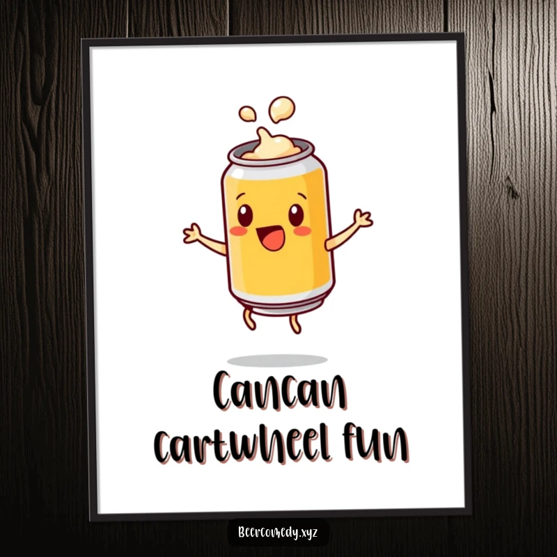 Funny playful beer can with a popping lid doing a cartwheel, as a vibrant digital art print, embodying pure energy and spontaneous celebration.
