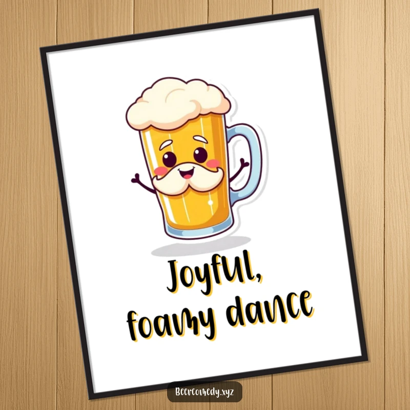 Funny beer mug doing a jig with a smiling foam mustache, as a vibrant digital art print, capturing a moment of pure, uninhibited beer happiness.