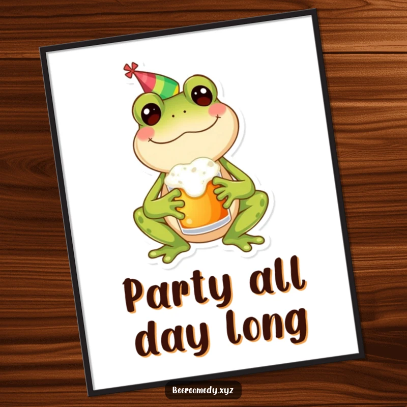 Funny frog wearing a party hat and holding a frothy mug, as a vibrant digital art print ready for instant download.