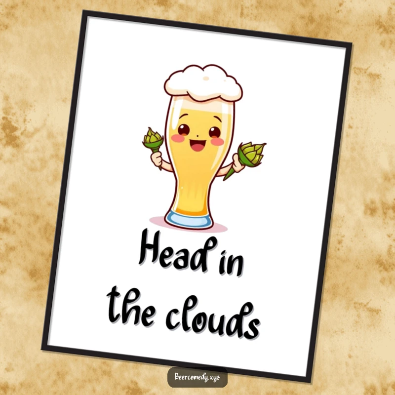 Funny ale glass digital art print of a smiling foamy head holding a hops cone, ready to be printed.