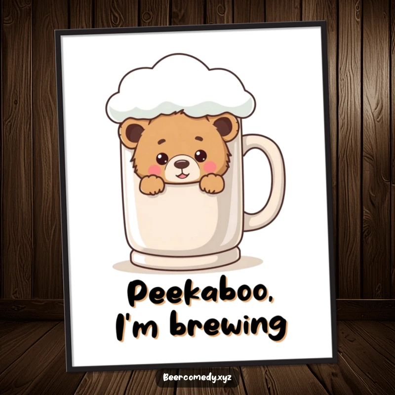 A playful bear cub is peeking from behind a giant, foamy mug, as a charming digital art print.
