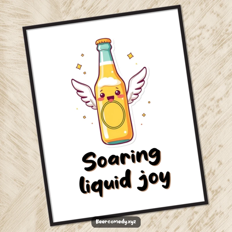 Funny beer bottle with tiny flying wings soaring through the air, as a vibrant digital art print, embodying freedom and cheerful celebration.