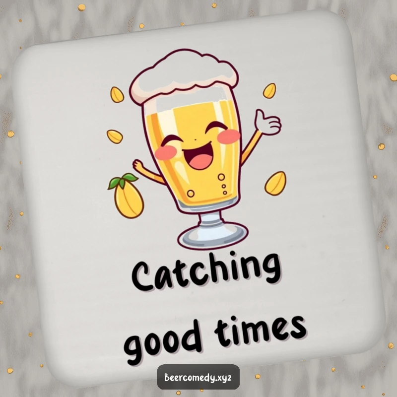 Funny delighted beer glass with a joyful wink catching a falling hop, printed on a drink coaster, protecting surfaces with a splash of good cheer.