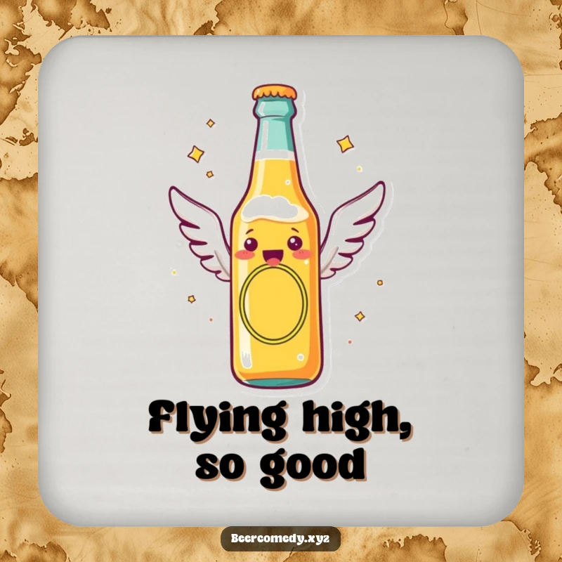 Funny beer bottle with tiny flying wings soaring through the air, printed on a drink coaster, protecting surfaces with a splash of humor.