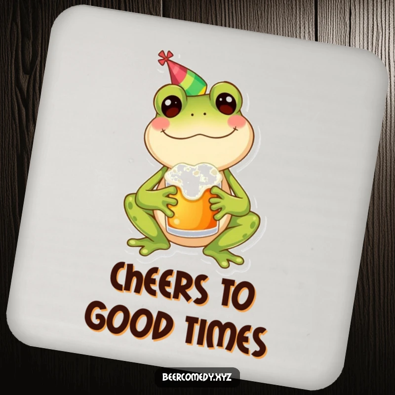 Funny frog wearing a party hat and holding a frothy mug on a drink coaster, adding humor to your table setting.