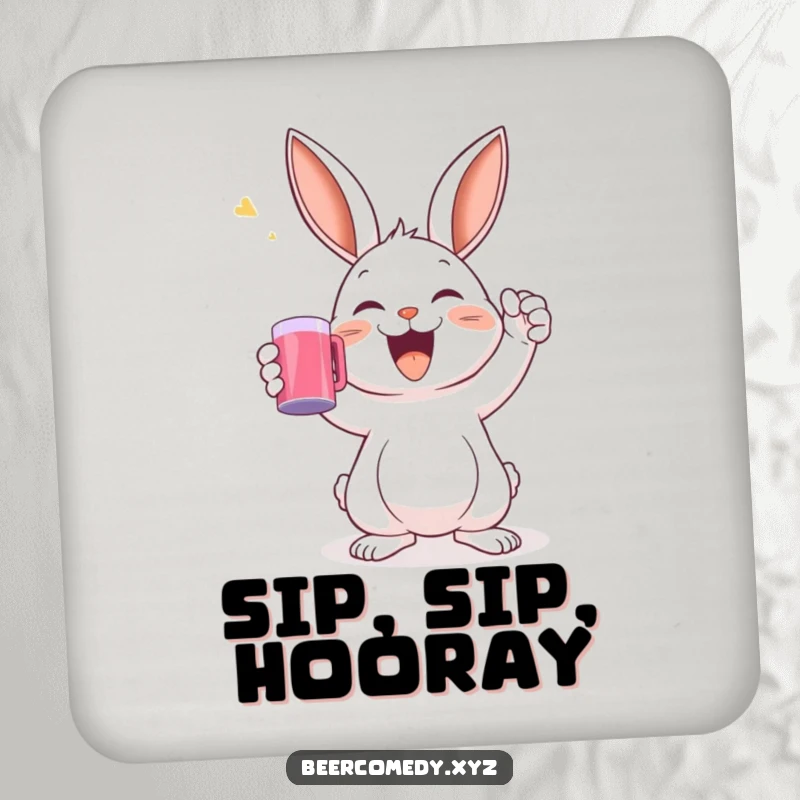 A delighted rabbit raising a mug in a toast is on a protective and charming drink coaster.