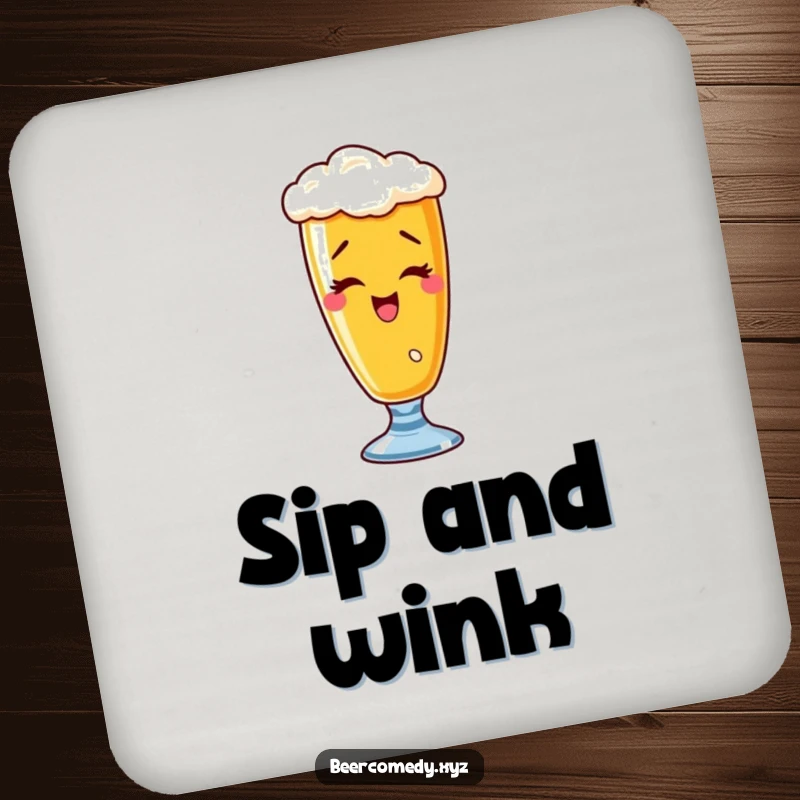 Funny wobbly wheat beer glass coaster captured with a playful wink, protecting surfaces with humor.