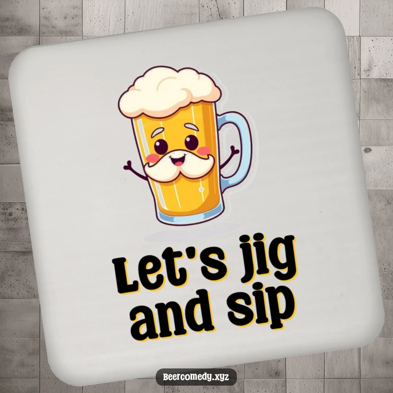Funny beer mug doing a jig with a smiling foam mustache, printed on a drink coaster, preventing rings and spreading cheer.