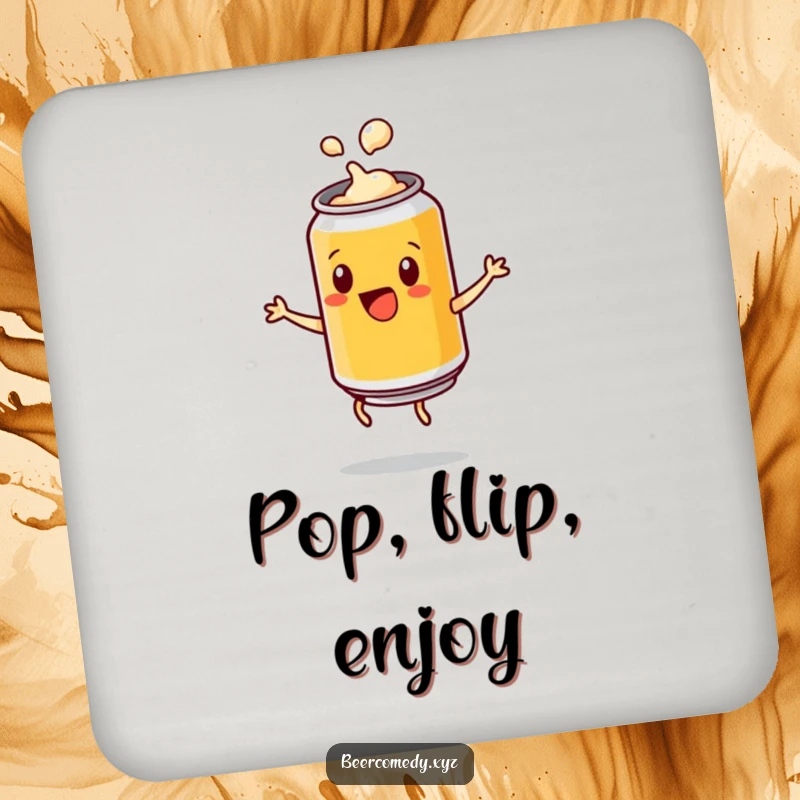 Funny playful beer can with a popping lid doing a cartwheel, printed on a drink coaster, protecting surfaces with a splash of energetic humor.