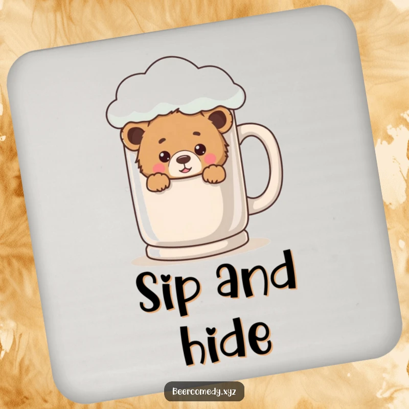 A playful bear cub peeking from behind a giant, foamy mug on a protective and cute drink coaster.