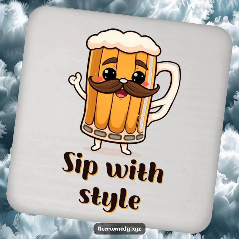 Funny stout mug coaster with a frothy mustache, dancing happily, protecting surfaces with humor.