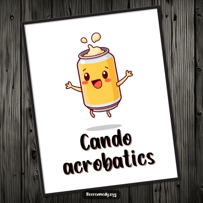 Funny playful beer can with a popping lid doing a cartwheel, presented as a vibrant poster, evoking excitement and spontaneous celebration.