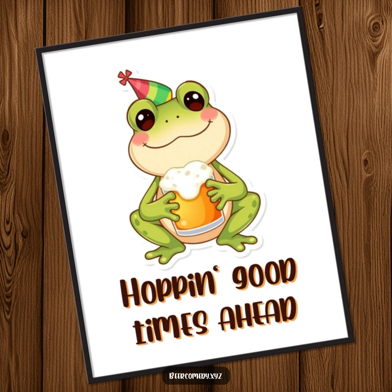 Funny frog in a party hat, holding a frothy mug, depicted in a vibrant, celebratory pose, perfect as wall art.