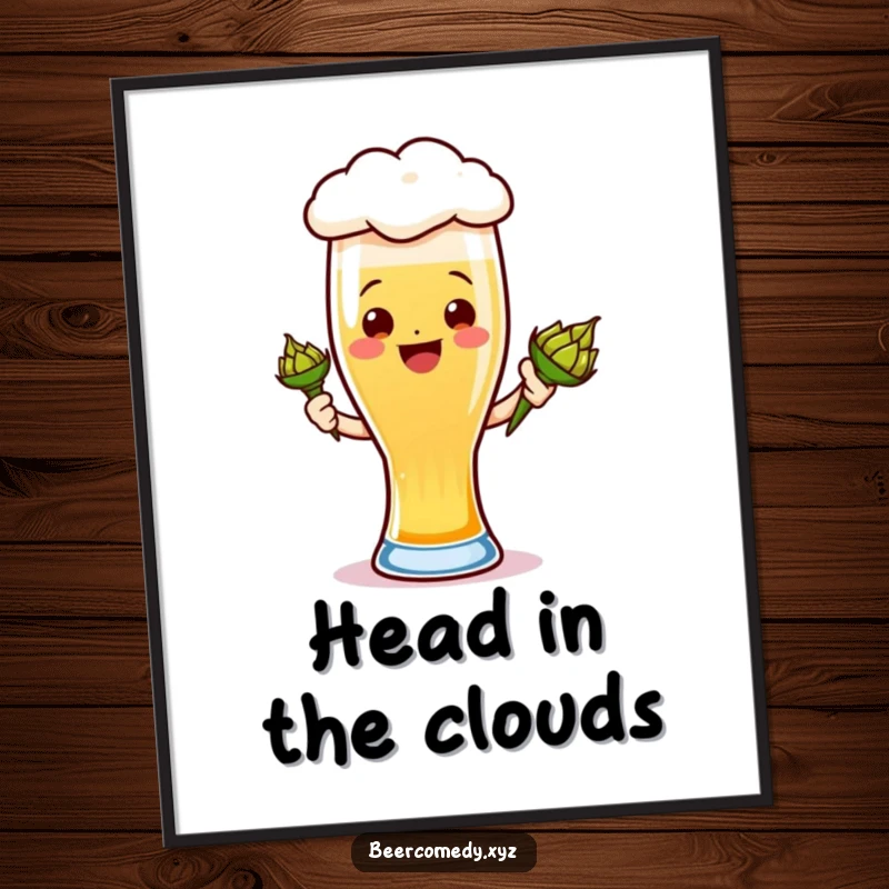 Funny ale glass poster showing a smiling foamy head holding a hops cone, bringing joy and humor visually.