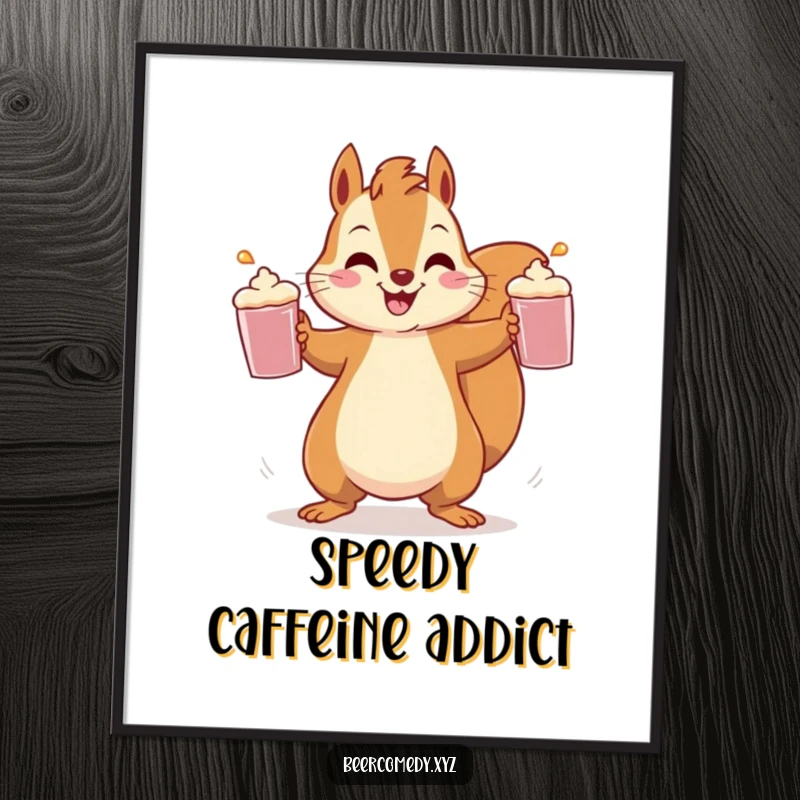 Funny squirrel showcasing impressive juggling skills with three frothy mugs, captured in a dynamic poster design.