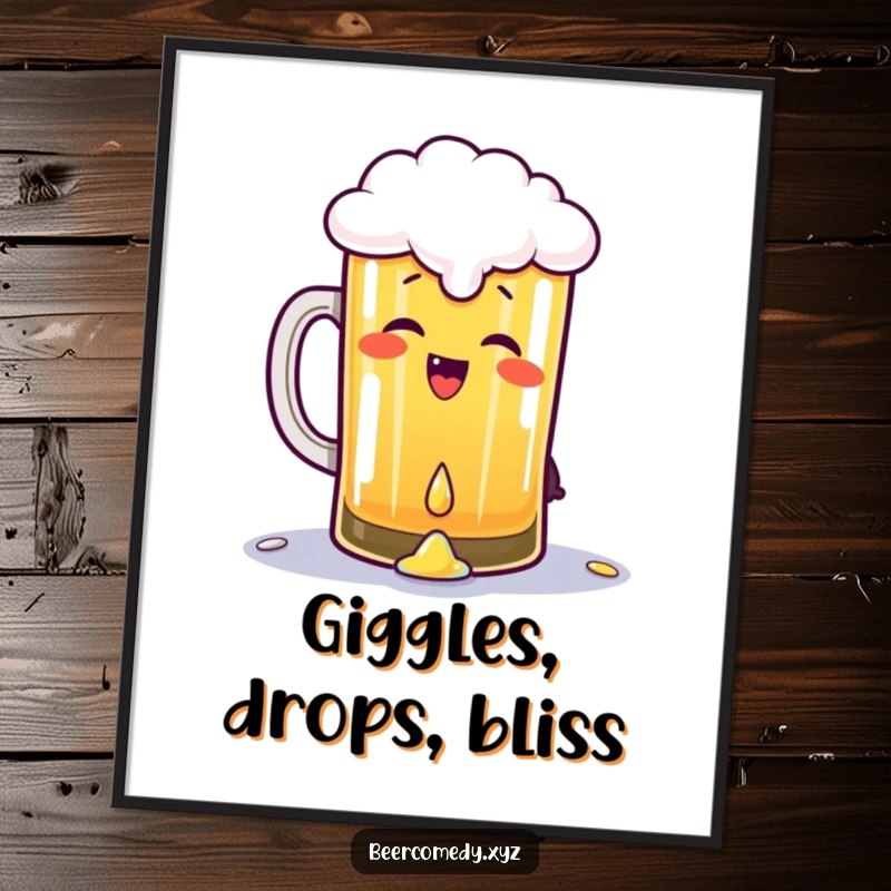 Funny pint of beer giggling and gleefully spilling a drop, presented as a lively poster, capturing a moment of pure, bubbly delight.