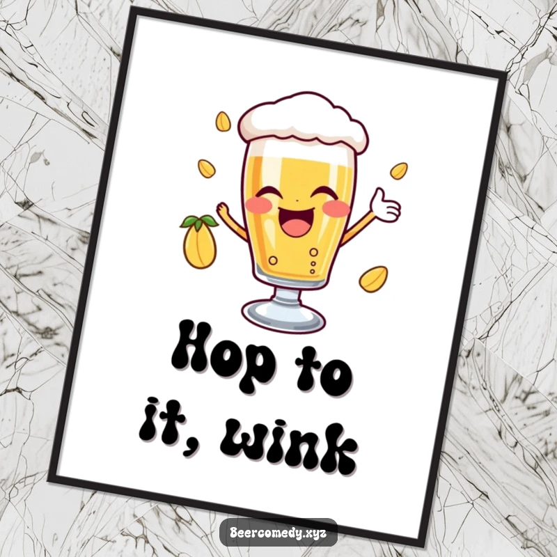 Funny delighted beer glass with a joyful wink catching a falling hop, presented as a charming poster, evoking happiness and good fortune.
