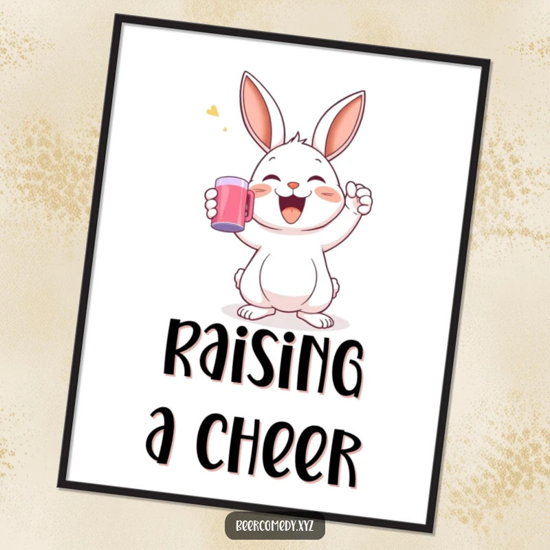 A delighted rabbit is depicted in the act of raising a mug in a toast, full of joy, as a poster.